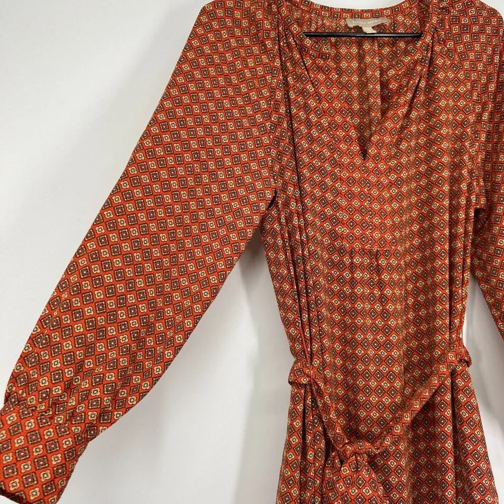 Banana Republic Dress Orange Printed V Neck Long Sleeve Tie Waist - Picture 5 of 11